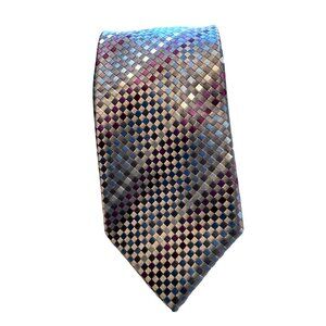 Haines & Bonner of London 100% Silk Handmade Tie Gray with Purple and Blue Diamo